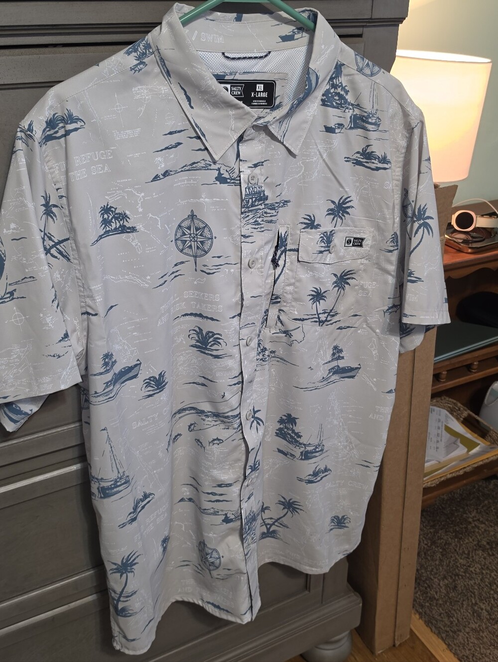 Salty Crew Light Gray Short Sleeve Button-Up with Blue Nautical Print